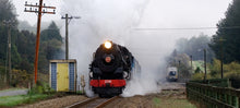 Load image into Gallery viewer, Steam train surrounded by mist at Kokiri on the West Coast of New Zealand – photograph by Stewart Nimmo